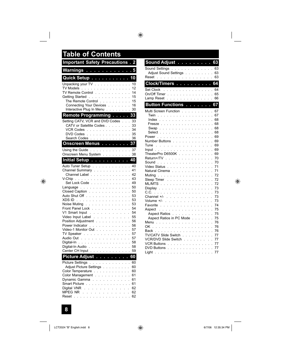 JVC HD-P61R1U User Manual | Page 8 / 104