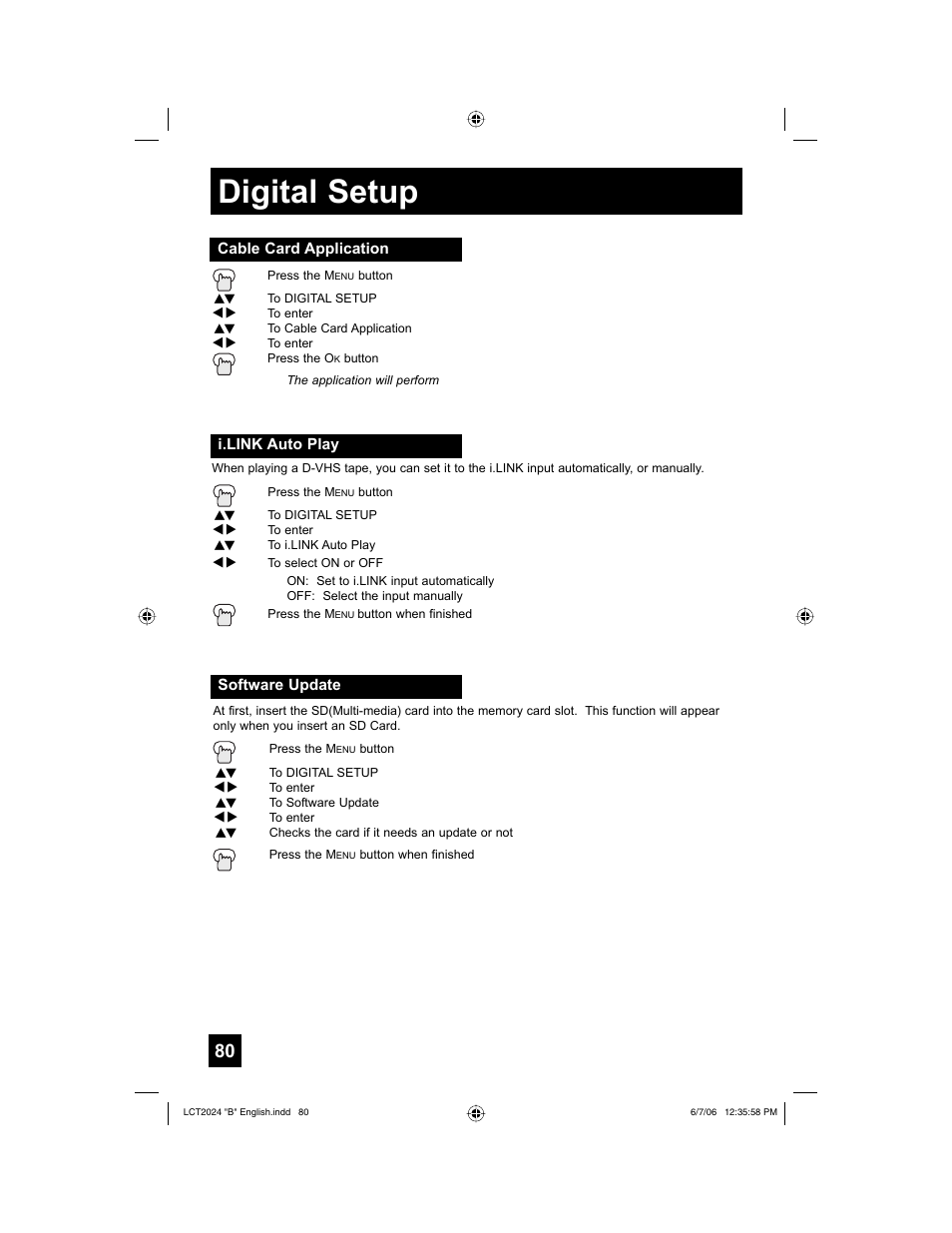 Cable card application, I.link auto play, Software update | Digital setup | JVC HD-P61R1U User Manual | Page 80 / 104