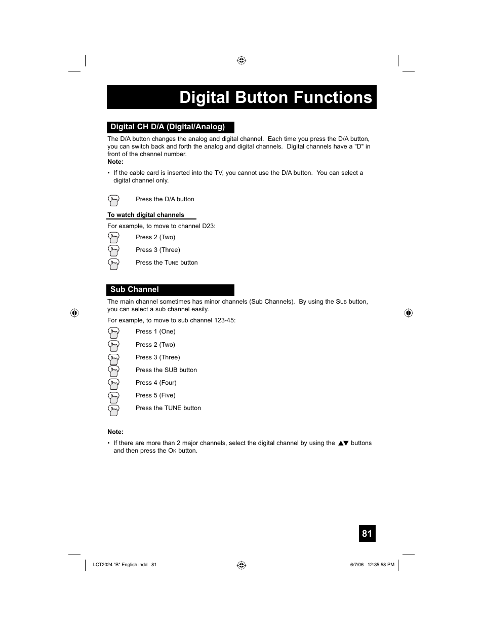Digital button functions, Digital ch d/a (digital/analog), Sub channel | JVC HD-P61R1U User Manual | Page 81 / 104