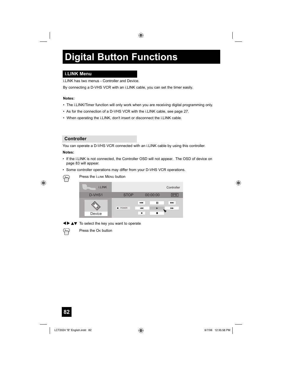 I.link menu, Digital button functions | JVC HD-P61R1U User Manual | Page 82 / 104