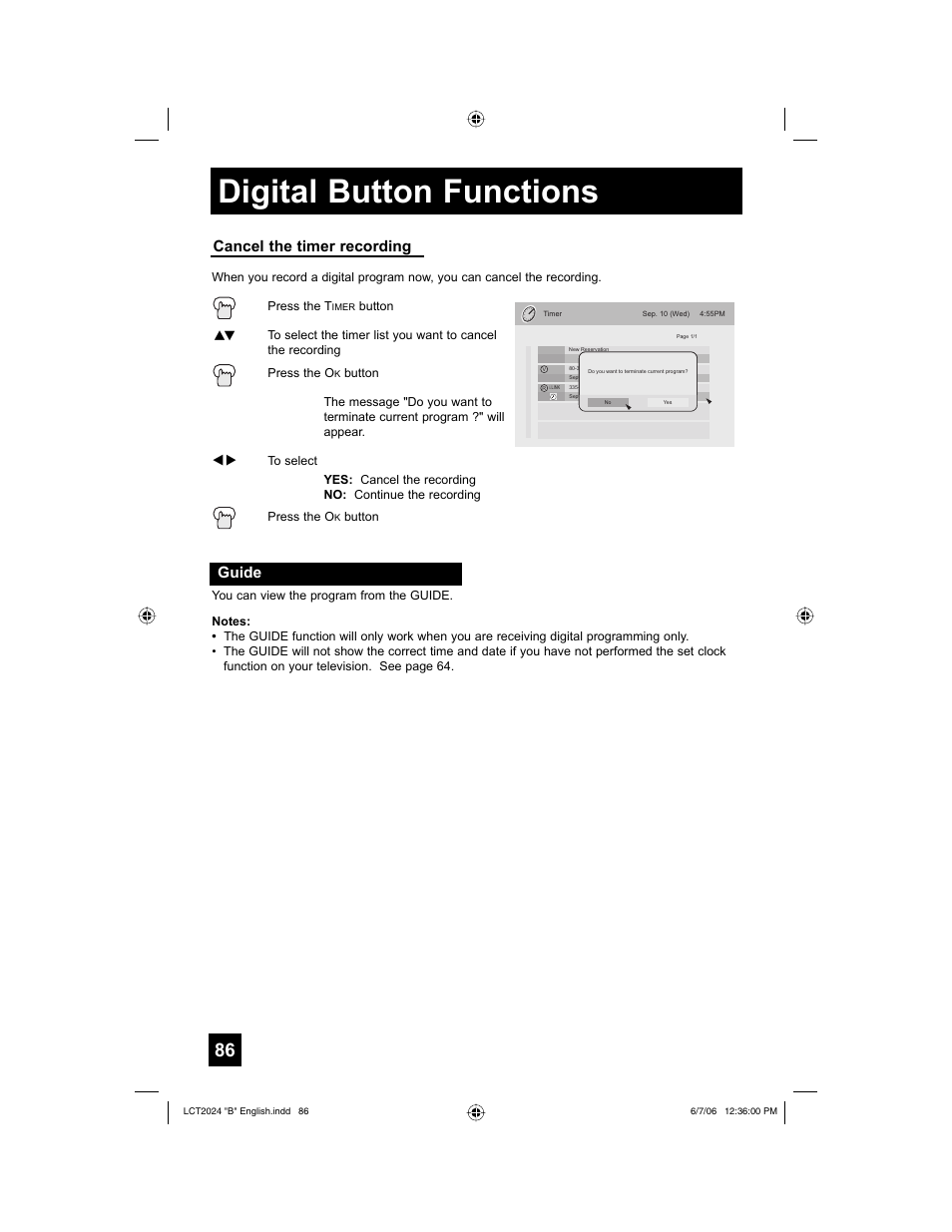 Guide, Digital button functions, Cancel the timer recording | JVC HD-P61R1U User Manual | Page 86 / 104