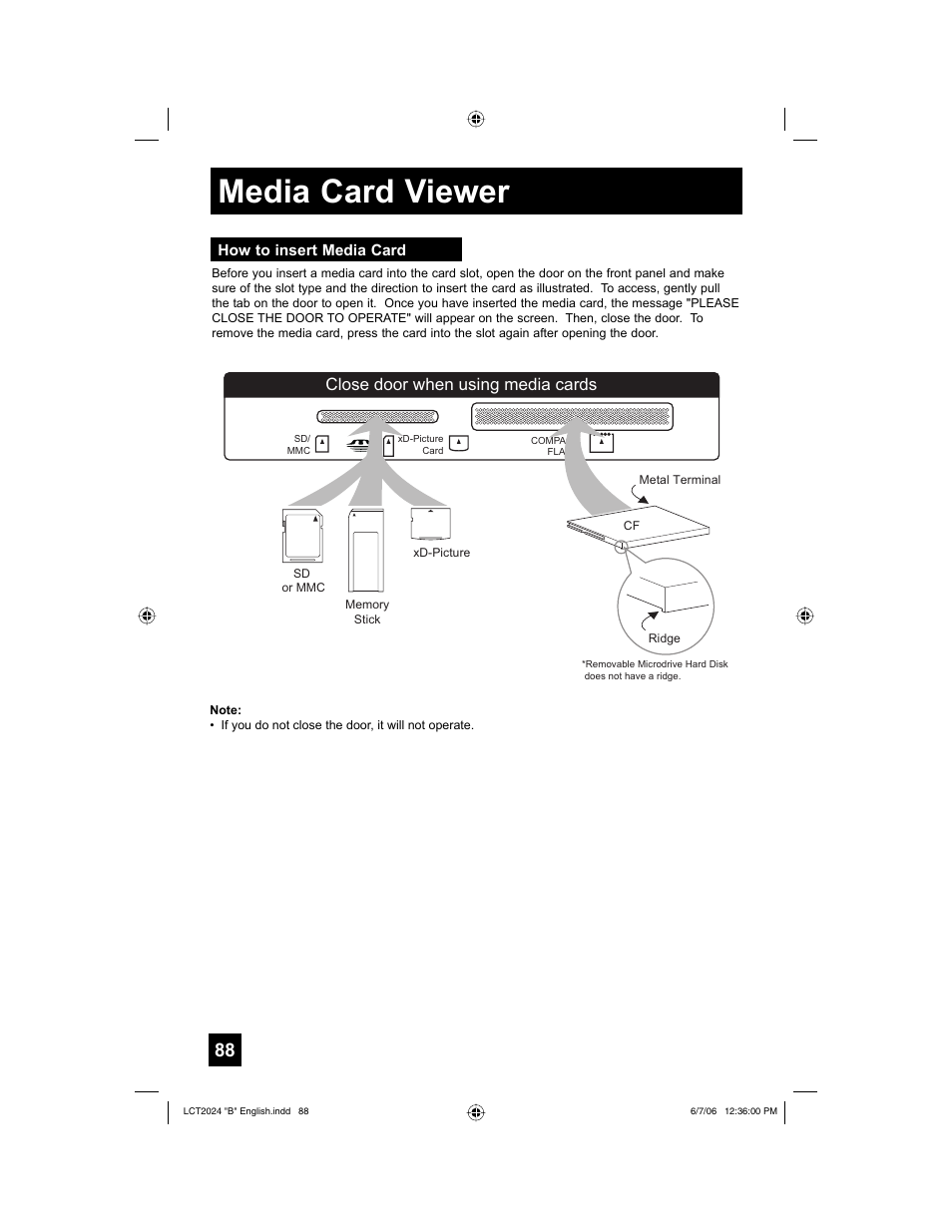 How to insert media card, Media card viewer, Close door when using media cards | JVC HD-P61R1U User Manual | Page 88 / 104