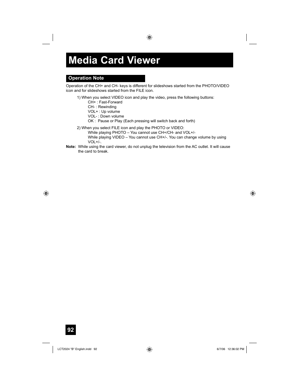 Operation note, Media card viewer | JVC HD-P61R1U User Manual | Page 92 / 104