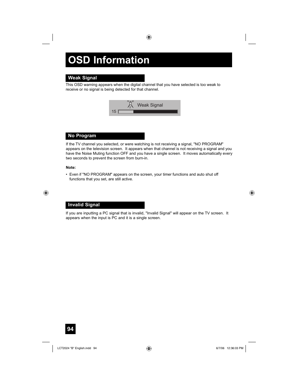 Osd information, Weak signal, No program | Invalid signal | JVC HD-P61R1U User Manual | Page 94 / 104