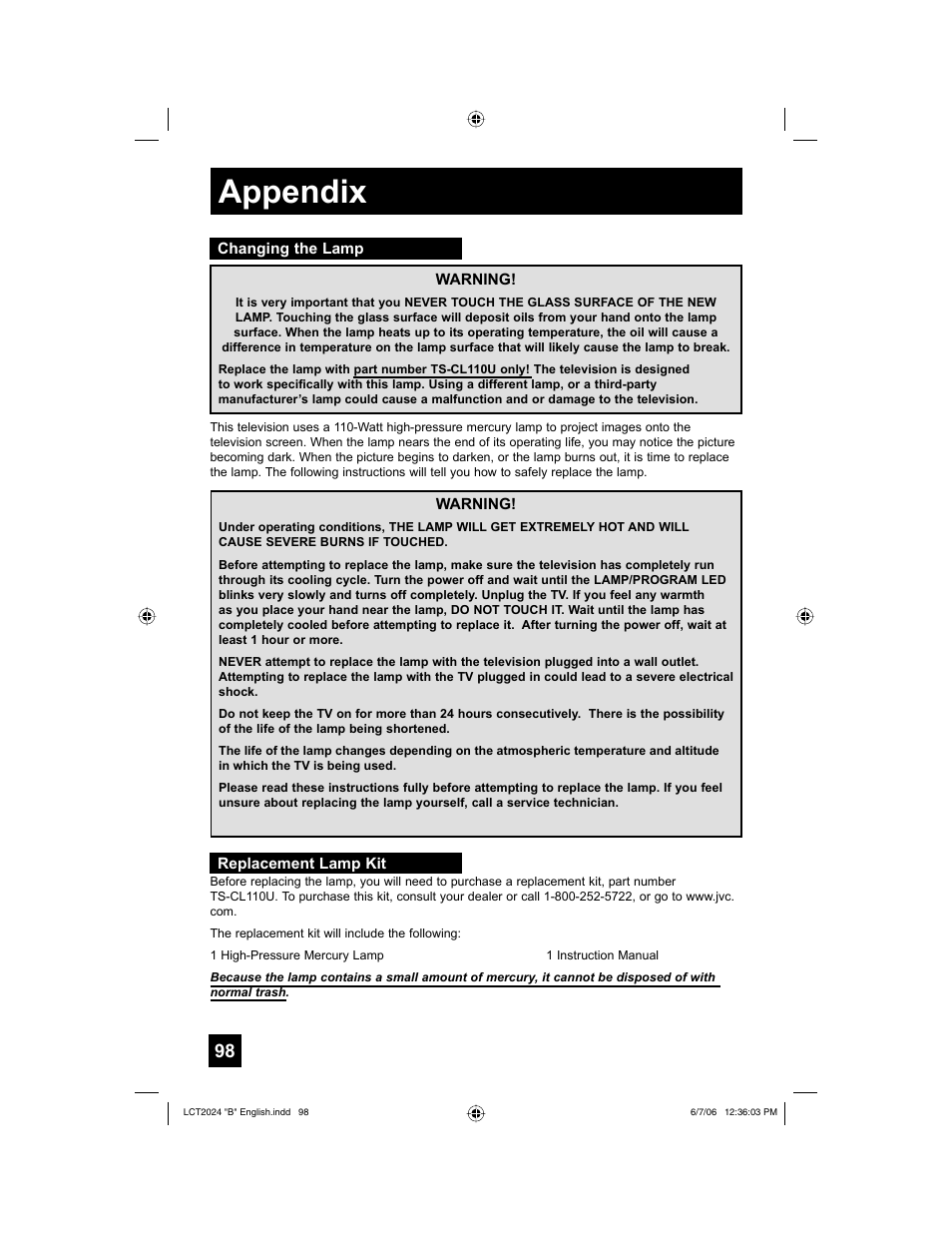 Appendix, Changing the lamp | JVC HD-P61R1U User Manual | Page 98 / 104