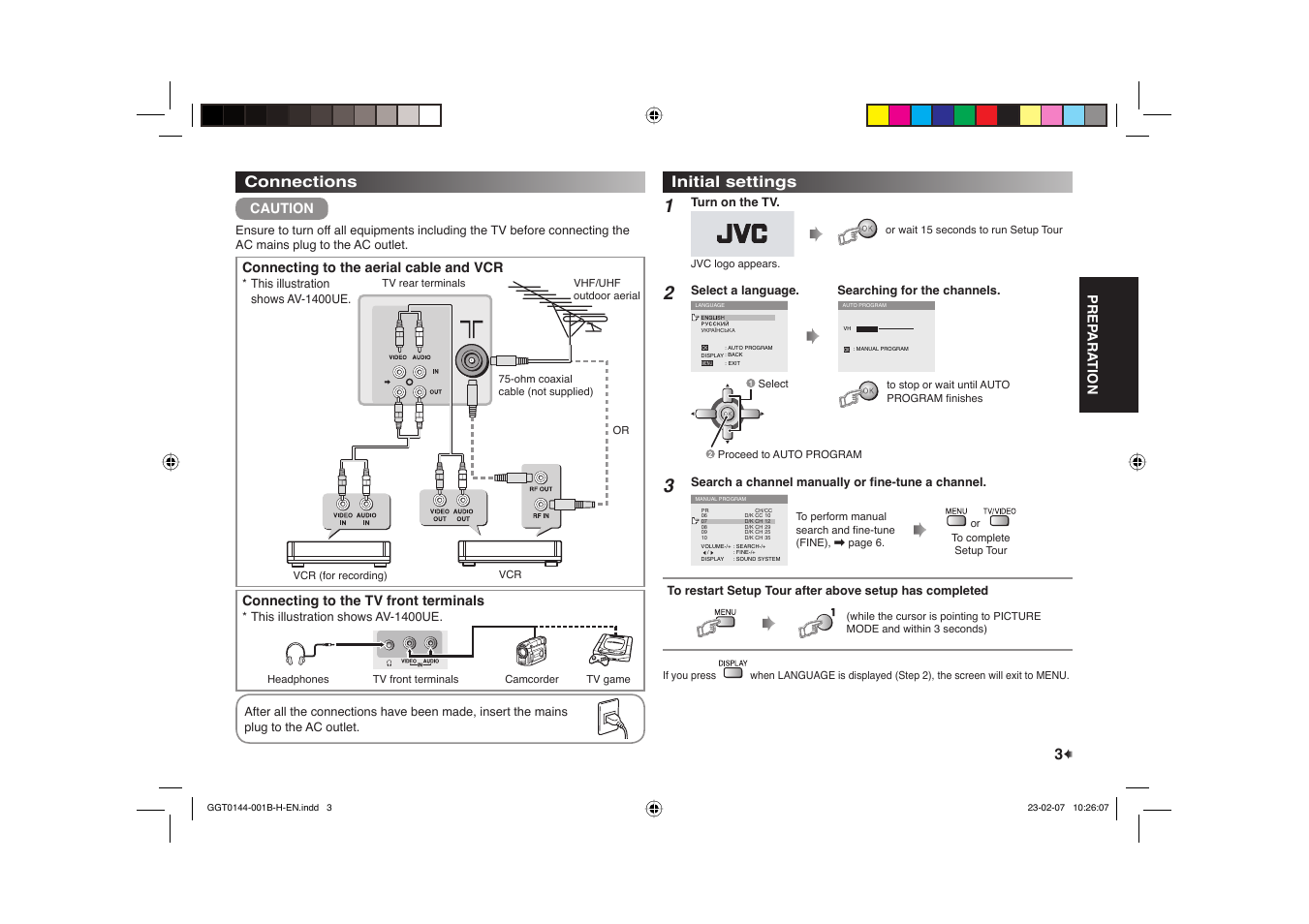 Connections, Initial settings, Connections initial settings | Prep ara tion, Connecting to the aerial cable and vcr, Connecting to the tv front terminals, Caution | JVC AV-14AMG7 User Manual | Page 11 / 16