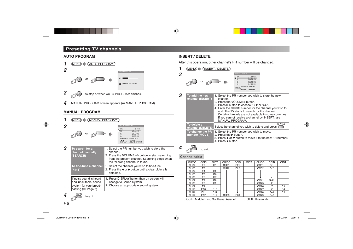 Presetting tv channels, 6presetting tv channels, Auto program | Manual program, Insert / delete | JVC AV-14AMG7 User Manual | Page 14 / 16