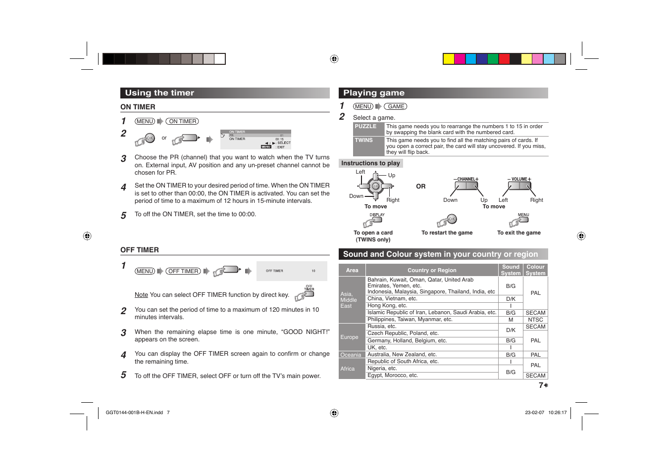 Using the timer, Playing game, Sound and colour system in your country or region | JVC AV-14AMG7 User Manual | Page 15 / 16