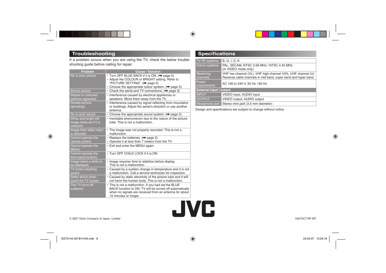 Troubleshooting, Specifi cations, Troubleshooting specifi cations | JVC AV-14AMG7 User Manual | Page 16 / 16