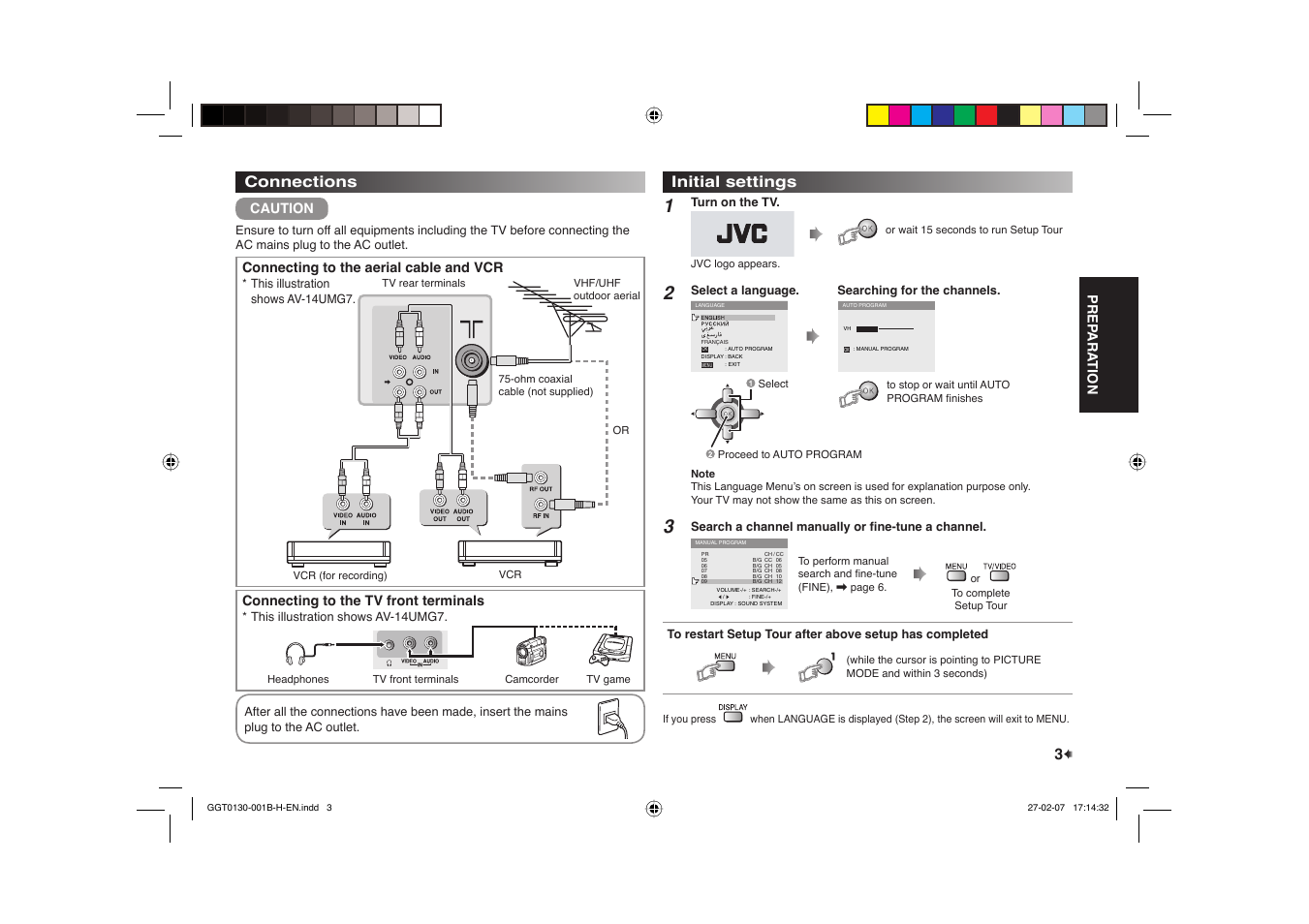 Connections, Initial settings, Connections initial settings | Prep ara tion, Connecting to the aerial cable and vcr, Connecting to the tv front terminals, Caution | JVC AV-14AMG7 User Manual | Page 3 / 16