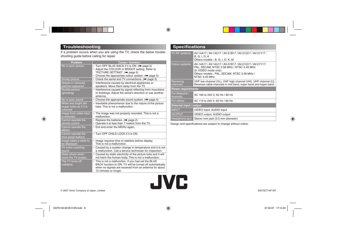 Troubleshooting, Specifi cations, Troubleshooting specifi cations | JVC AV-14AMG7 User Manual | Page 8 / 16