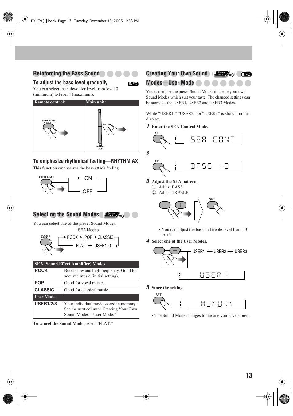 Reinforcing the bass sound, Selecting the sound modes, Creating your own sound modes—user mode | JVC DX-T9 User Manual | Page 15 / 52