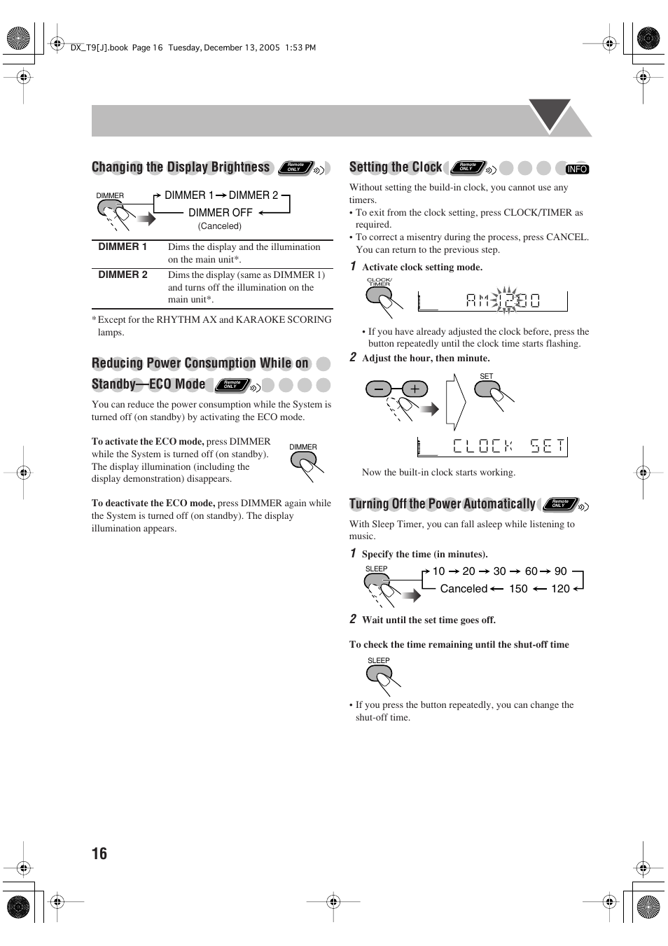 Changing the display brightness, Setting the clock, Turning off the power automatically | JVC DX-T9 User Manual | Page 18 / 52