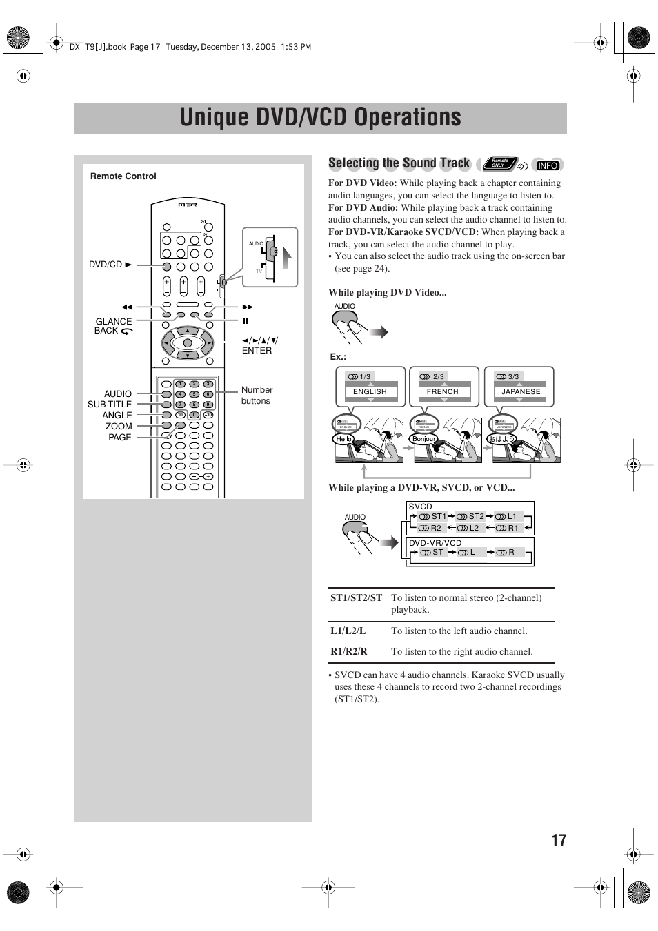 Unique dvd/vcd operations, Selecting the sound track | JVC DX-T9 User Manual | Page 19 / 52