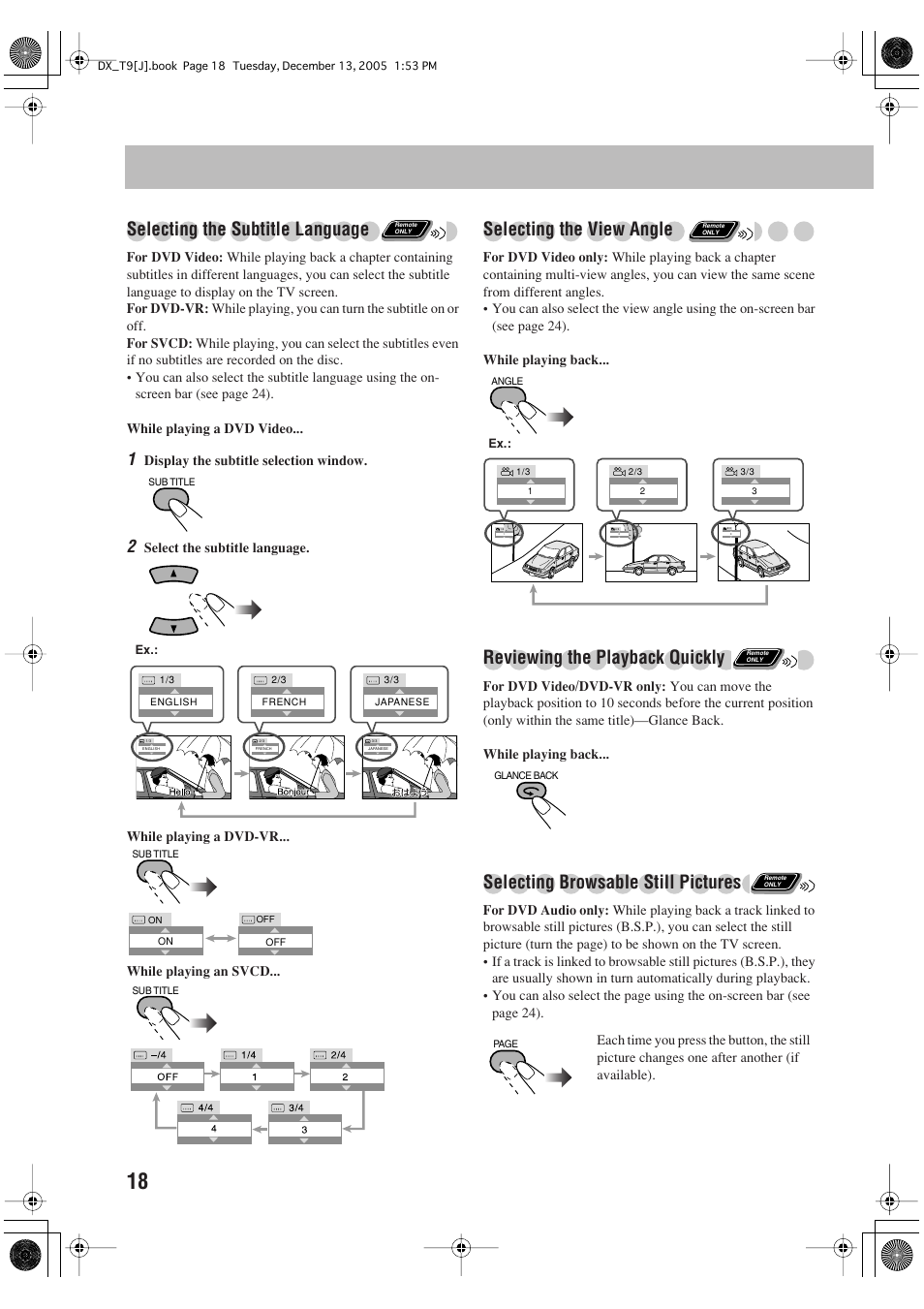 Selecting the subtitle language, Selecting the view angle, Reviewing the playback quickly | Selecting browsable still pictures | JVC DX-T9 User Manual | Page 20 / 52