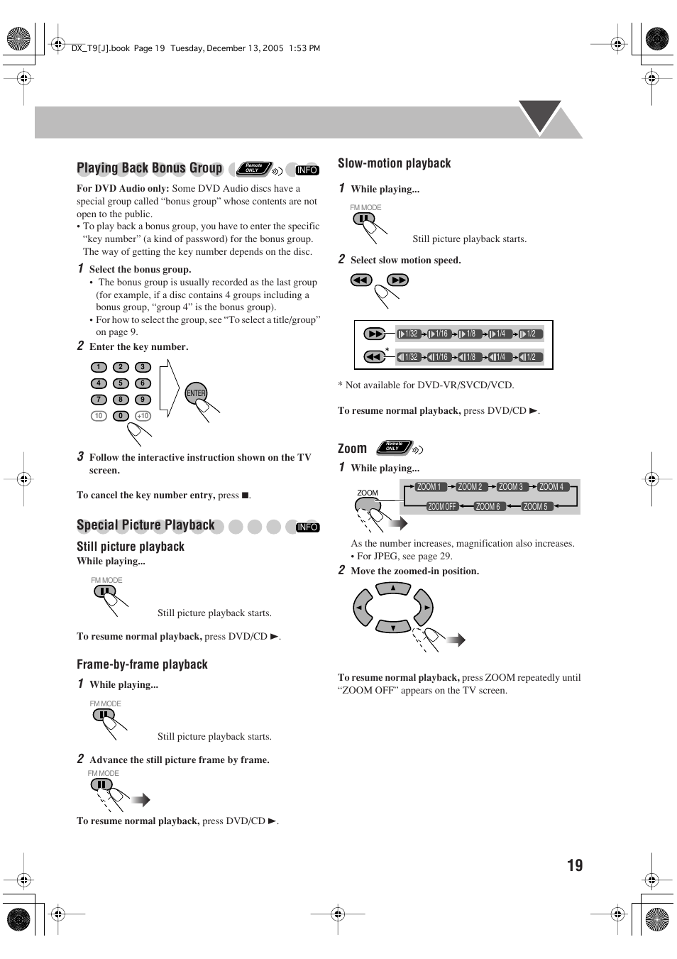 Playing back bonus group, Special picture playback | JVC DX-T9 User Manual | Page 21 / 52