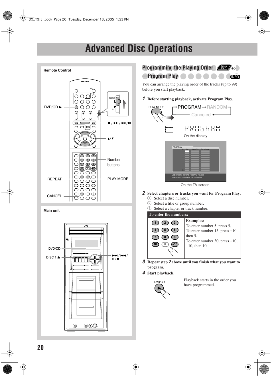 Advanced disc operations, Programming the playing order —program play, Program random canceled | JVC DX-T9 User Manual | Page 22 / 52