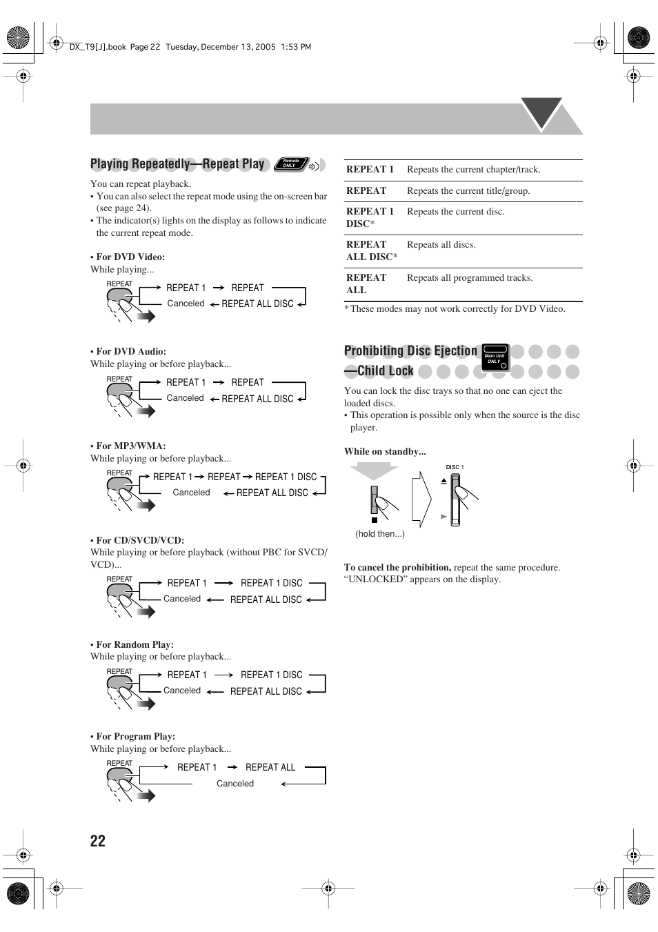 Playing repeatedly—repeat play, Prohibiting disc ejection —child lock | JVC DX-T9 User Manual | Page 24 / 52