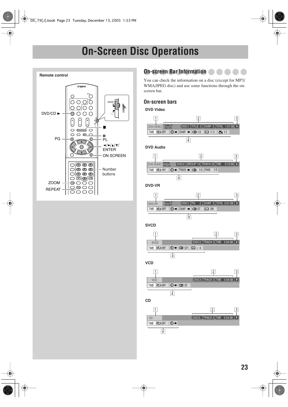 On-screen disc operations, On-screen bar information, On-screen bars | JVC DX-T9 User Manual | Page 25 / 52