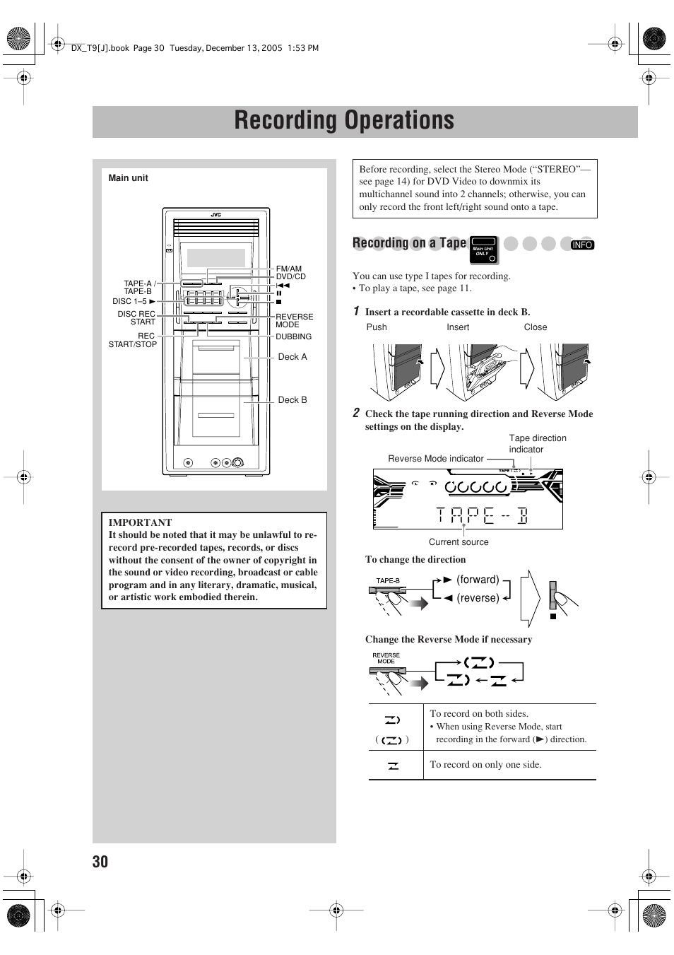 Recording operations, Recording on a tape | JVC DX-T9 User Manual | Page 32 / 52