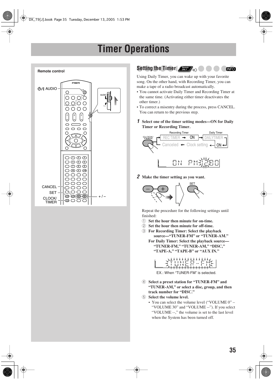 Timer operations, Setting the timer | JVC DX-T9 User Manual | Page 37 / 52