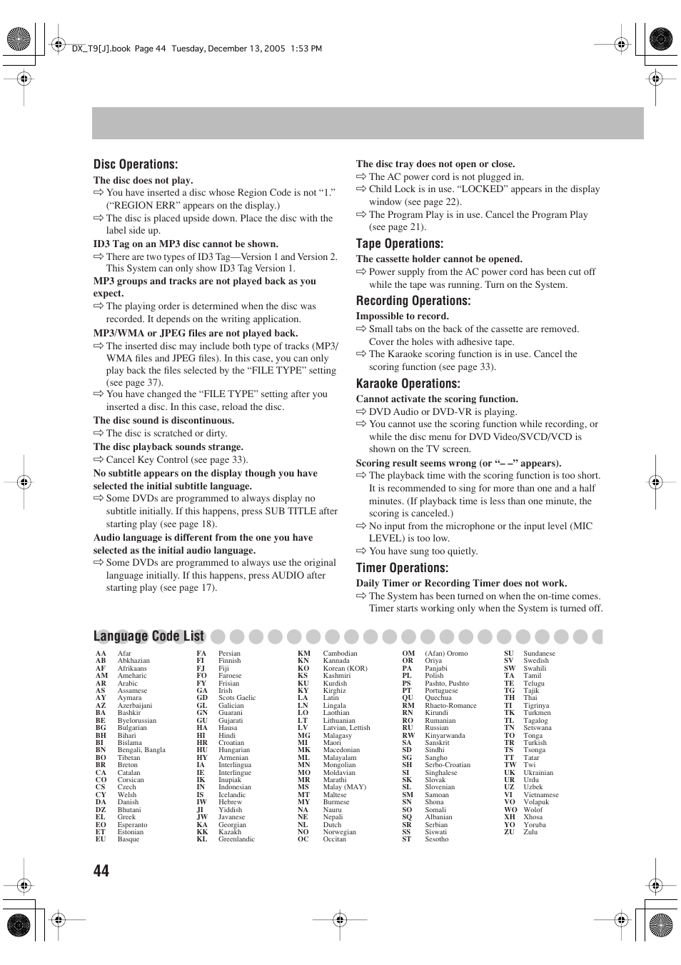 Language code list, Disc operations, Tape operations | Recording operations, Karaoke operations, Timer operations | JVC DX-T9 User Manual | Page 46 / 52