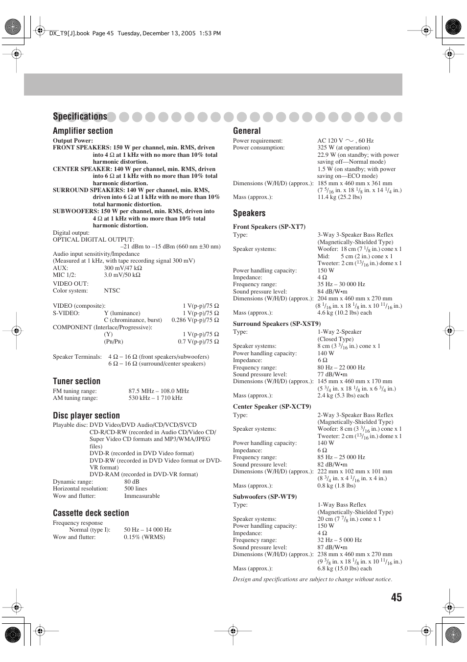 Specifications, General, Speakers | JVC DX-T9 User Manual | Page 47 / 52