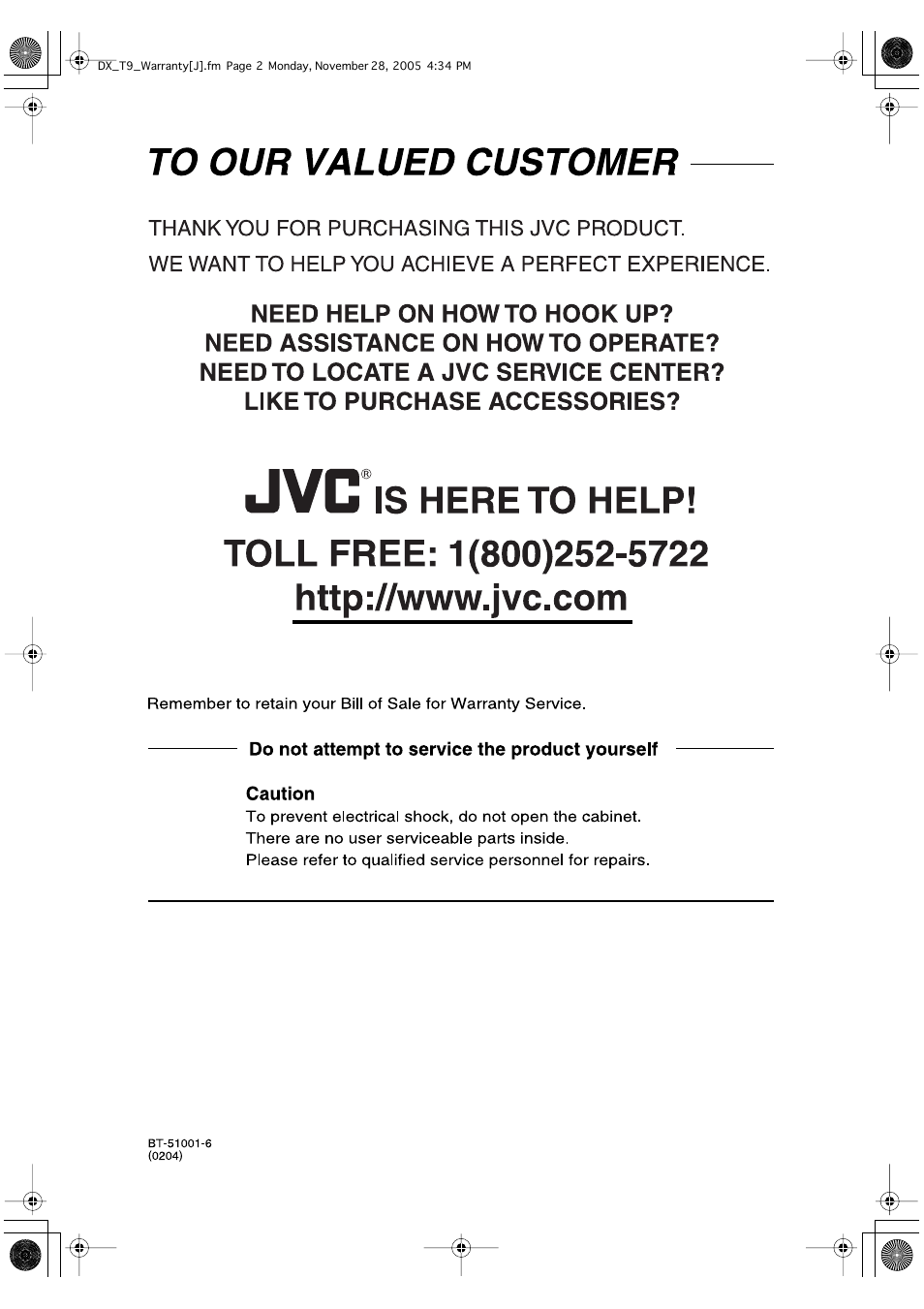 To our valued customer | JVC DX-T9 User Manual | Page 50 / 52