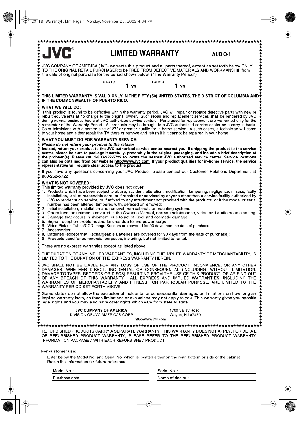 Warranty | JVC DX-T9 User Manual | Page 51 / 52