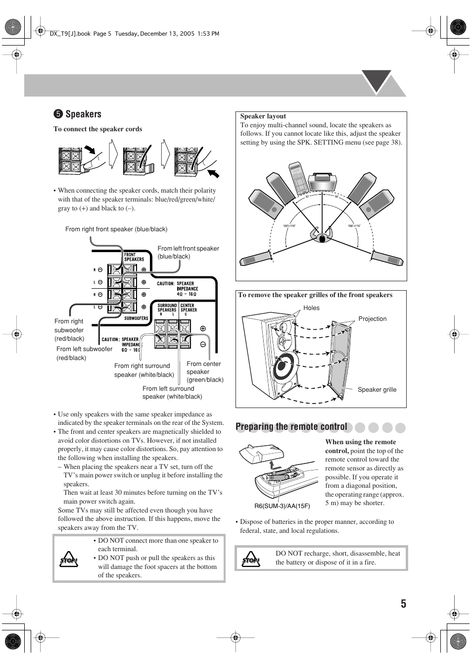Speakers, Preparing the remote control | JVC DX-T9 User Manual | Page 7 / 52