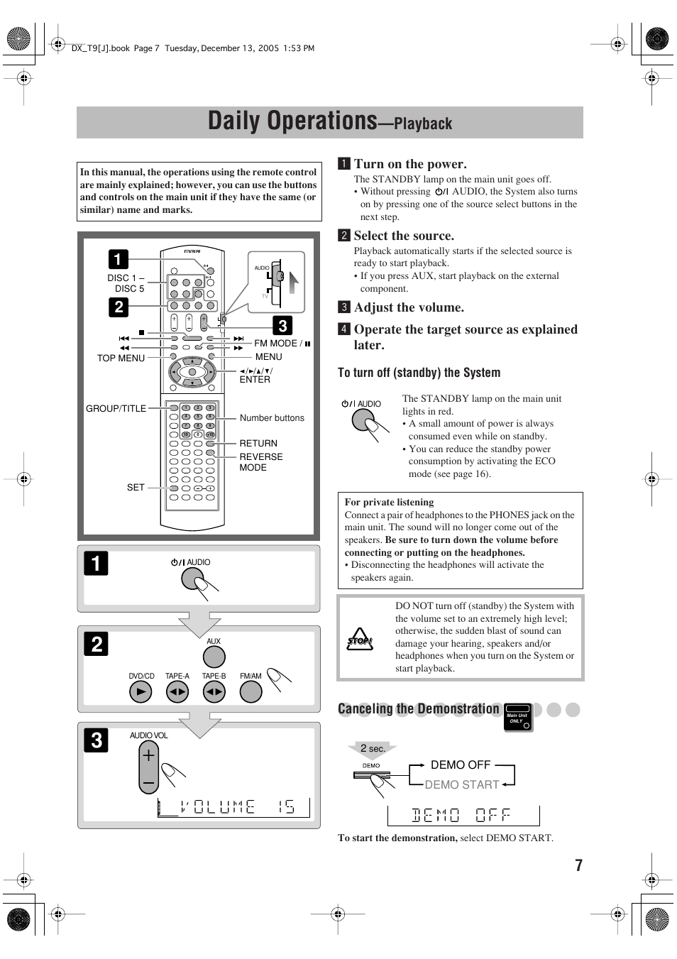 Daily operations —playback, Daily operations, Playback | Turn on the power, Øselect the source, Canceling the demonstration | JVC DX-T9 User Manual | Page 9 / 52