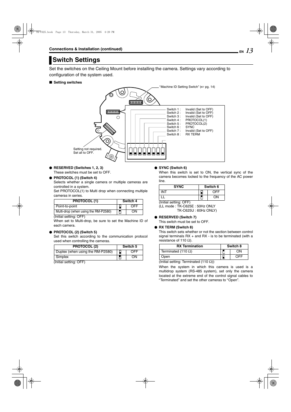 Switch settings, A pg. 13), A switch settings b ( a pg. 13) | JVC TK-C625 User Manual | Page 13 / 44