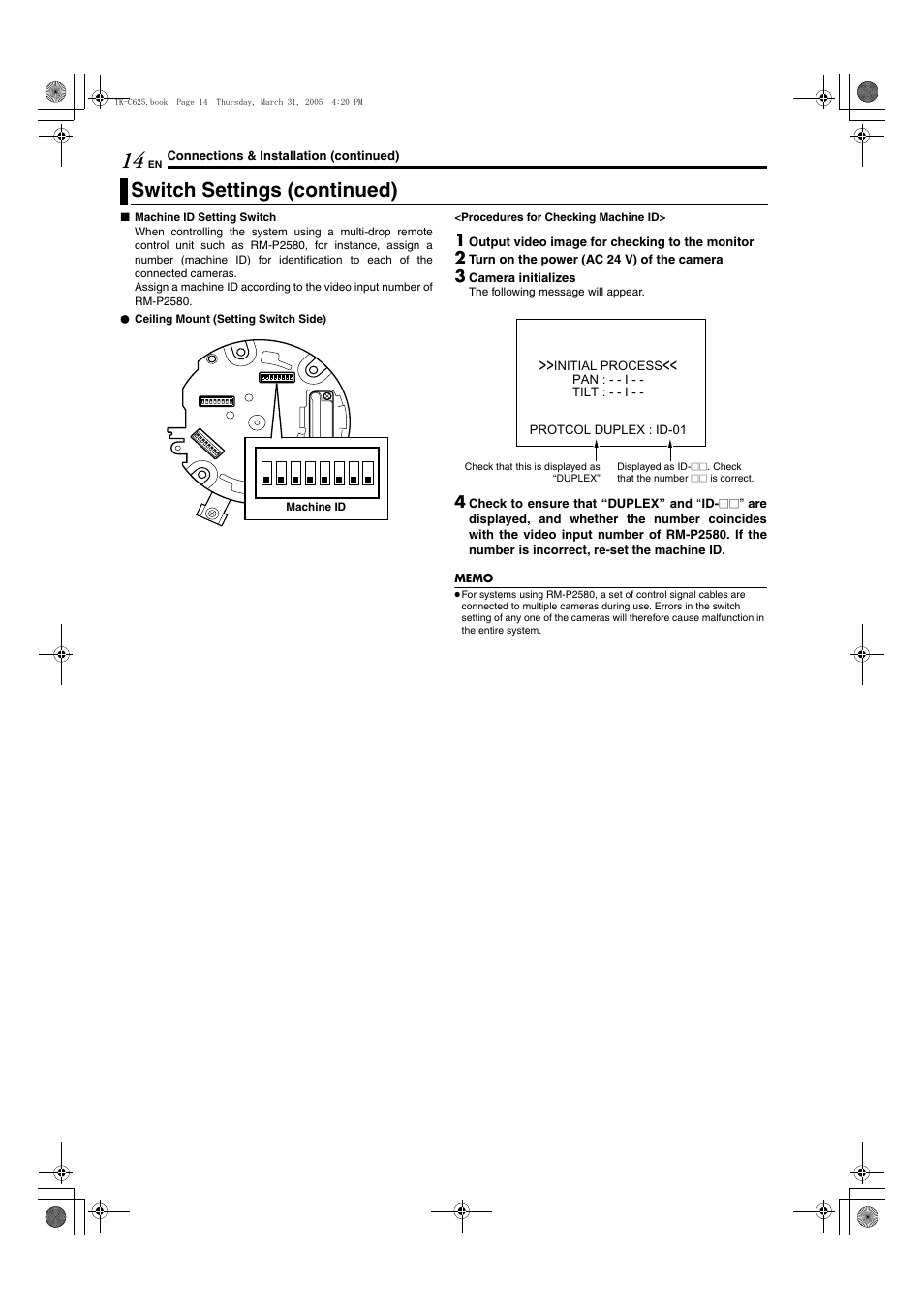 A pg. 14), Edures a pg. 14), A<procedures for checking | Machine id, B (a pg. 14), Switch settings (continued) | JVC TK-C625 User Manual | Page 14 / 44