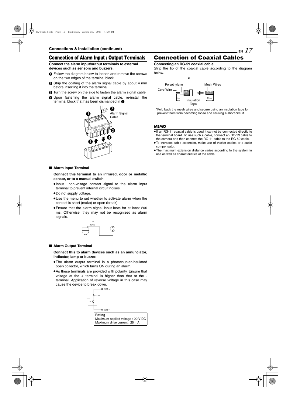 Ut. (a pg. 17), Le ( a pg. 17), Connection of alarm input / output terminals | Connection of coaxial cables | JVC TK-C625 User Manual | Page 17 / 44