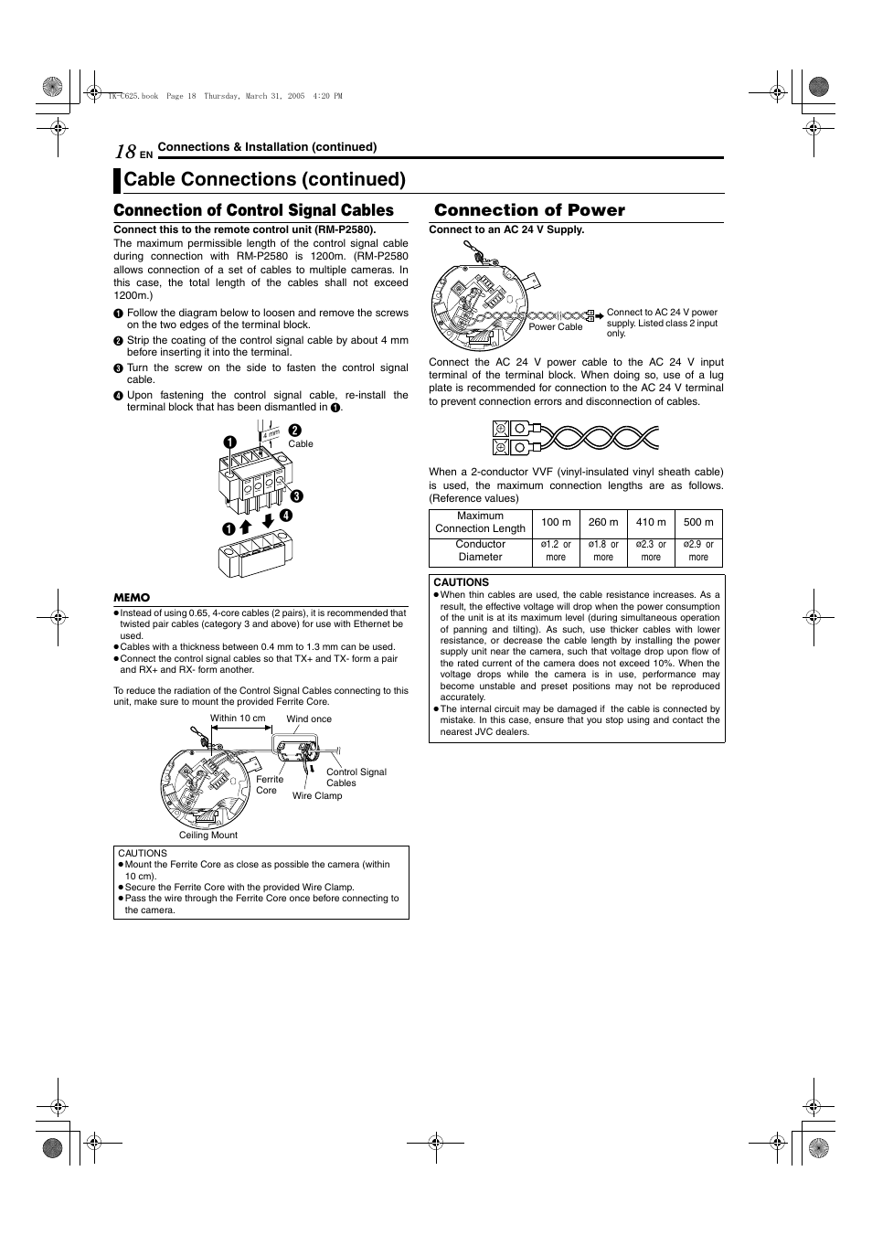 E ( a pg. 18), A pg. 18), Cable connections (continued) | Connection of control signal cables, Connection of power | JVC TK-C625 User Manual | Page 18 / 44