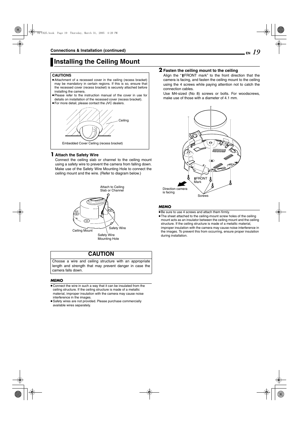 Installing the ceiling mount, Caution | JVC TK-C625 User Manual | Page 19 / 44