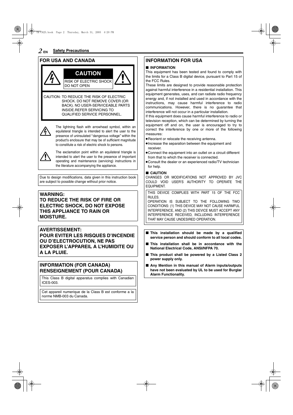 Safety precautions, Caution | JVC TK-C625 User Manual | Page 2 / 44