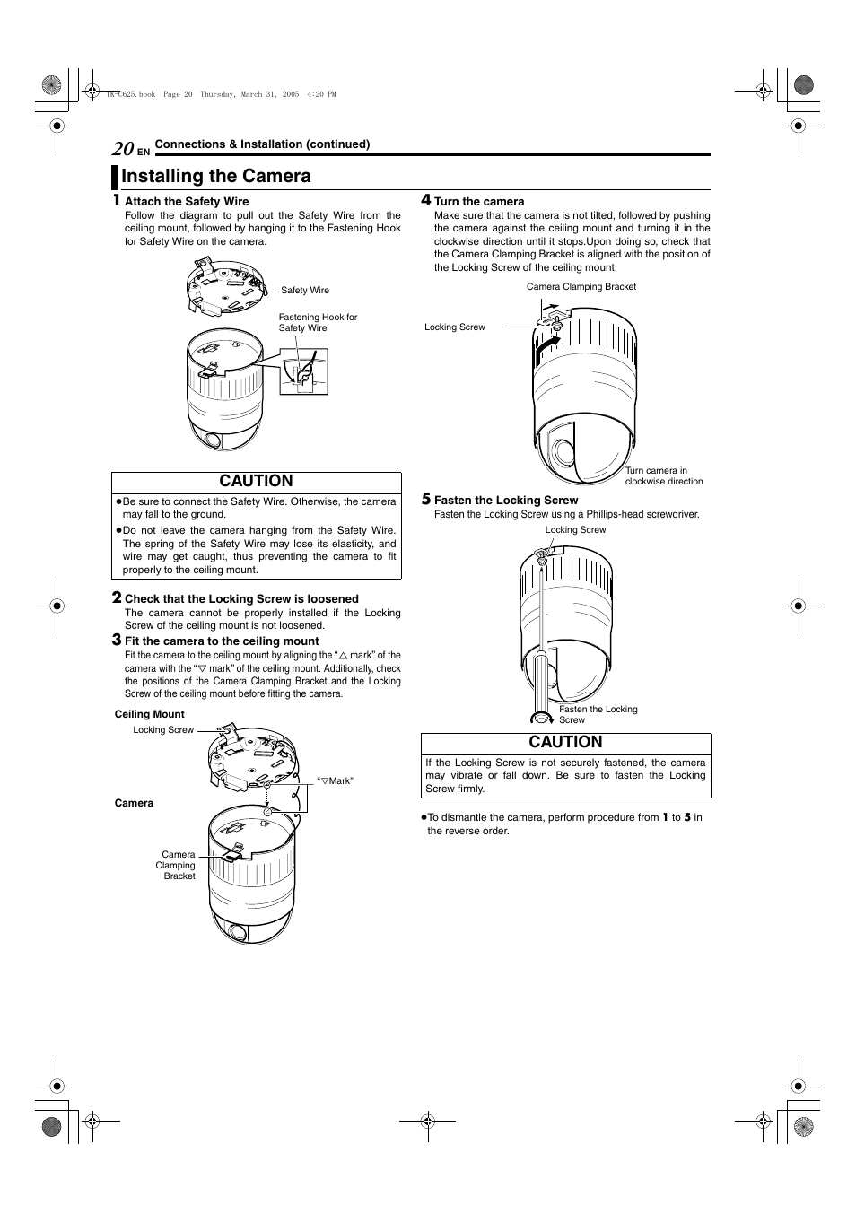 Installing the camera, Caution | JVC TK-C625 User Manual | Page 20 / 44