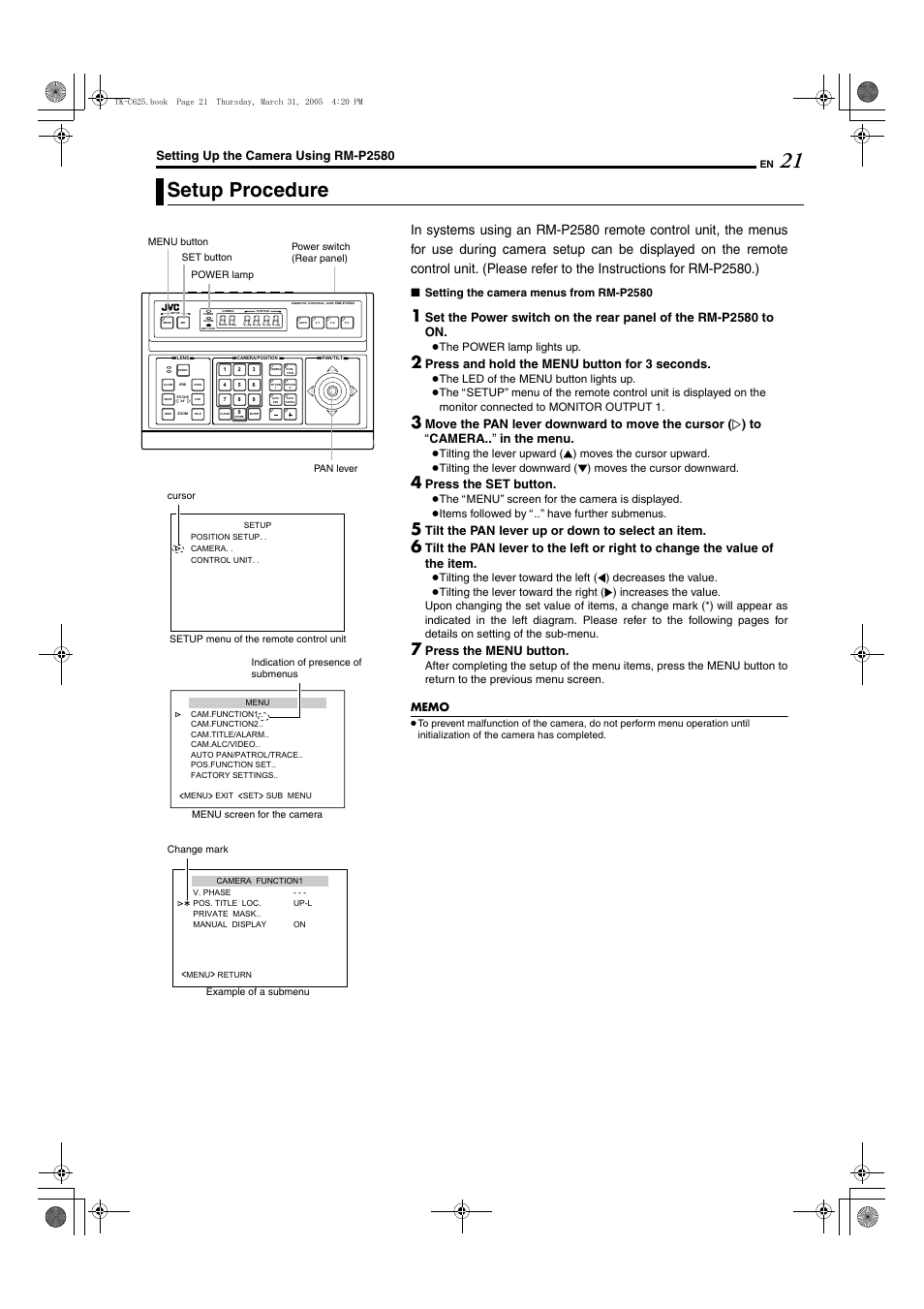 Setting up the camera using rm-p2580, Setup procedure, Setting up the camera usin g rm-p2580 | Press and hold th e menu button f or 3 seconds, Press the set button, Tilt th e pan lever up or do wn to select an item, Press the menu button | JVC TK-C625 User Manual | Page 21 / 44