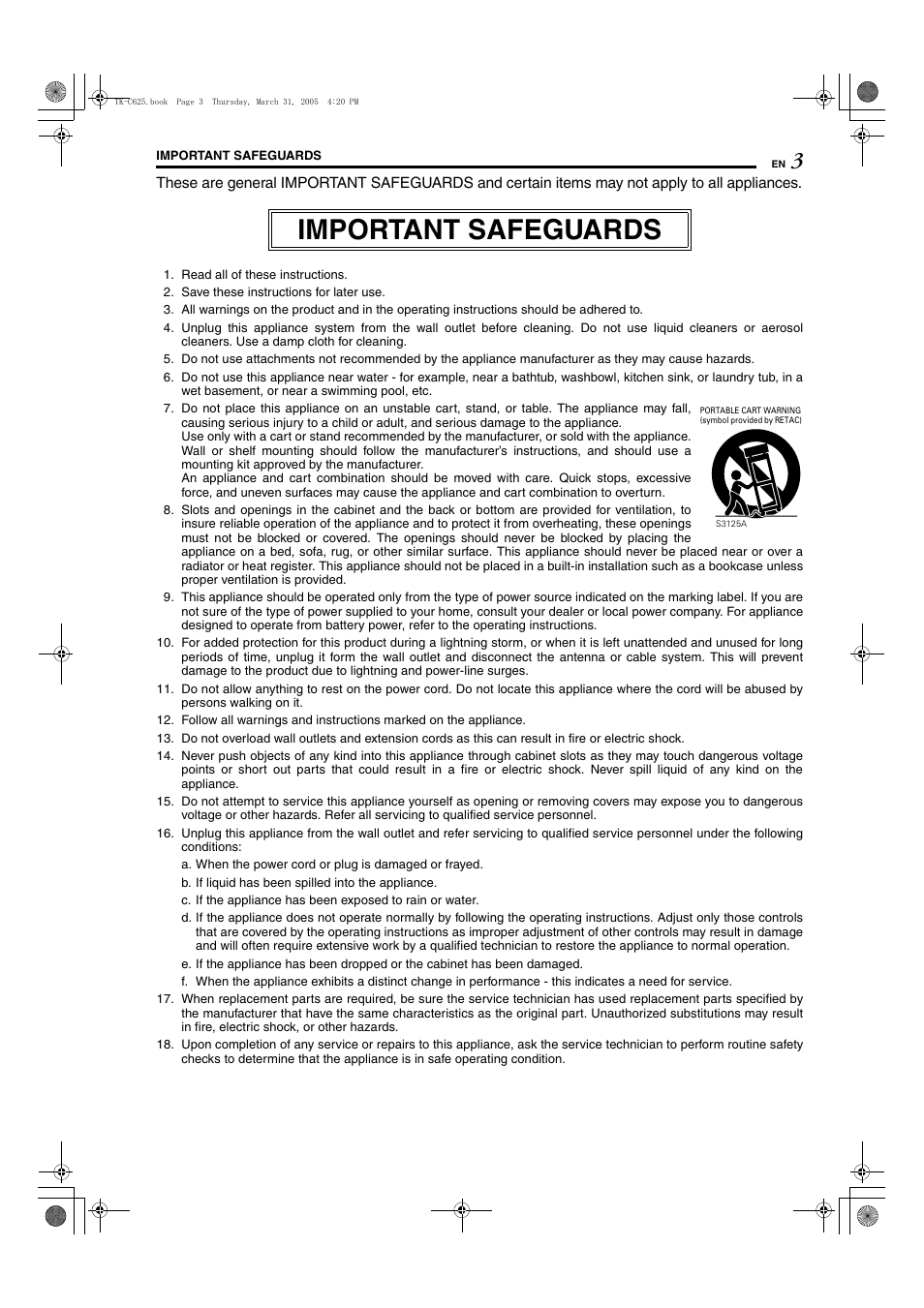 Important safeguards | JVC TK-C625 User Manual | Page 3 / 44