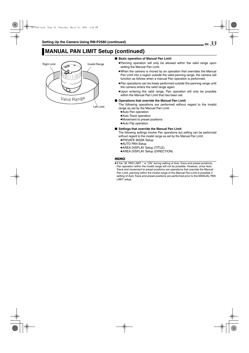 Manual pan limit setup (continued) | JVC TK-C625 User Manual | Page 33 / 44