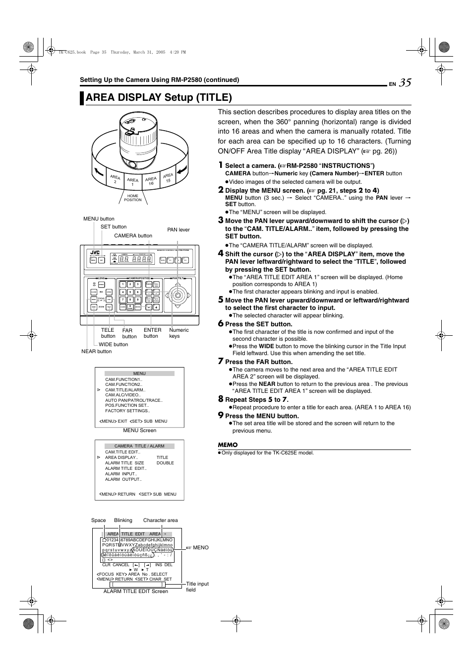 Area display setup (title), A pg. 35, Aarea display setup (title)b (a pg. 35) | Setting up the camera using rm-p2580 (continued), Select a camera. ( a rm-p2580 a instructions b ), Press th e set button, Press th e far button, Repeat steps 5 to 7, Press th e menu button | JVC TK-C625 User Manual | Page 35 / 44
