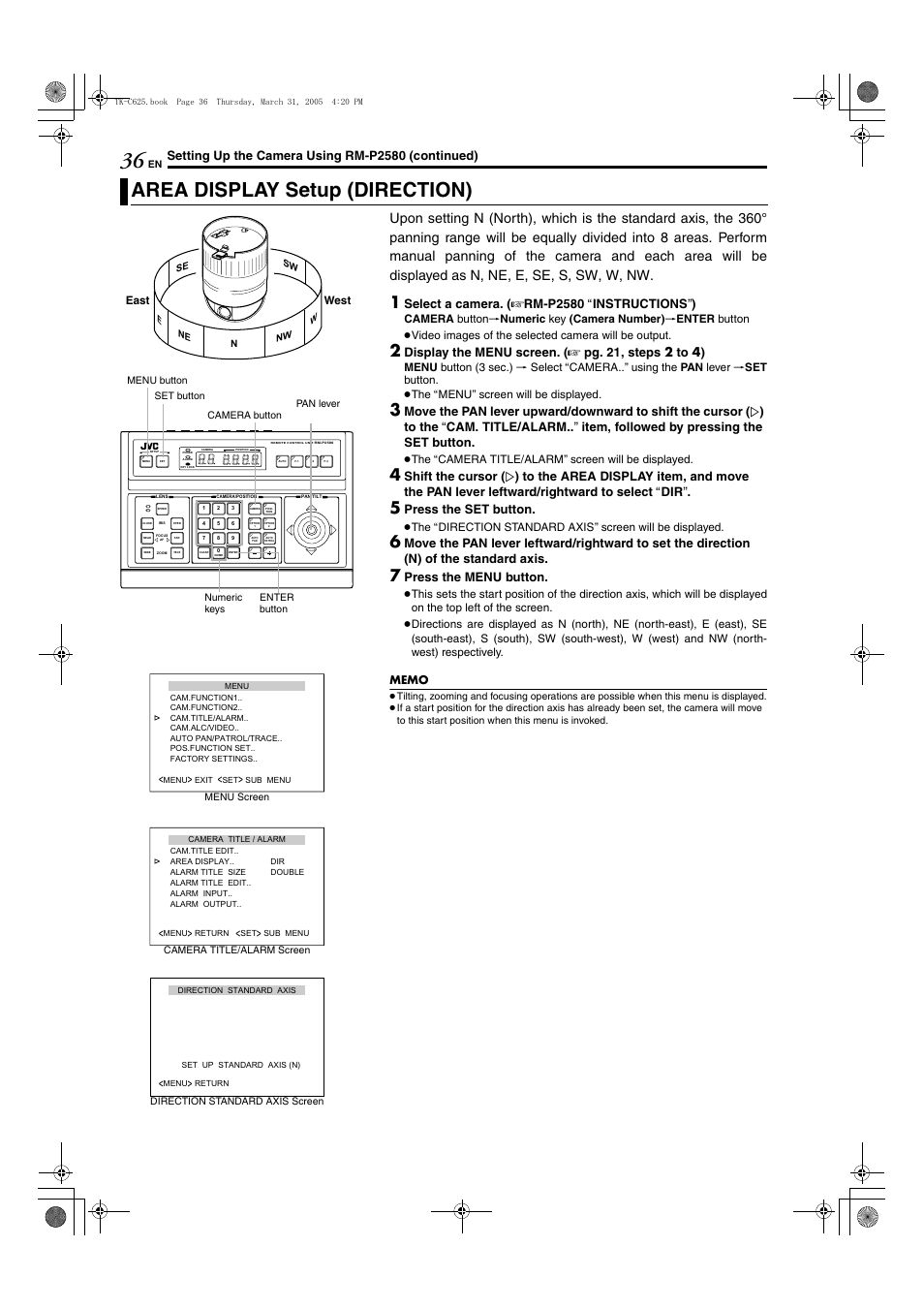 Area display setup (direction), A pg. 36, Aarea display setup (direction)b (a pg. 36) | Setting up the camera using rm-p2580 (continued), Select a camera . ( a rm-p2580 a instructions b ), Press the set button, Press the menu button | JVC TK-C625 User Manual | Page 36 / 44