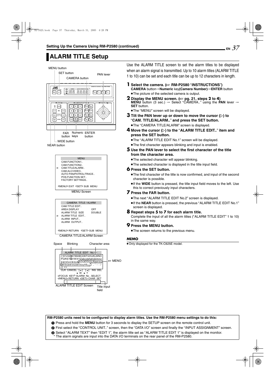 Alarm title setup, A pg. 37, Aalarm title setupb (a pg. 37) | Setting up the camera using rm-p2580 (continued), Select the camera. ( a rm-p2580 a instructions b ), Press th e set button, Press th e far button, Repeat step s 5 to 7 for each alarm title, Press th e menu button | JVC TK-C625 User Manual | Page 37 / 44