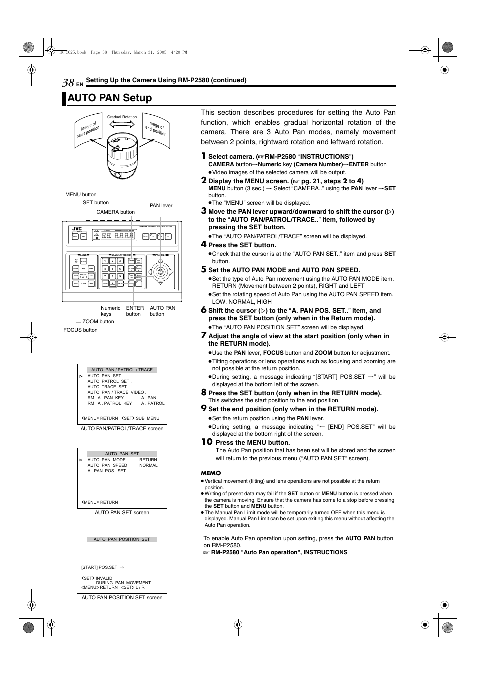 Auto pan setup, A pg. 38, Aauto pan setupb (a pg. 38) | Auto pan s etup, Setting up the camera using rm-p2580 (continued), Select camera. ( a rm- p2580 a instructions b ), Press the set button, Set the auto pan mode and auto pan speed, Press the menu button | JVC TK-C625 User Manual | Page 38 / 44