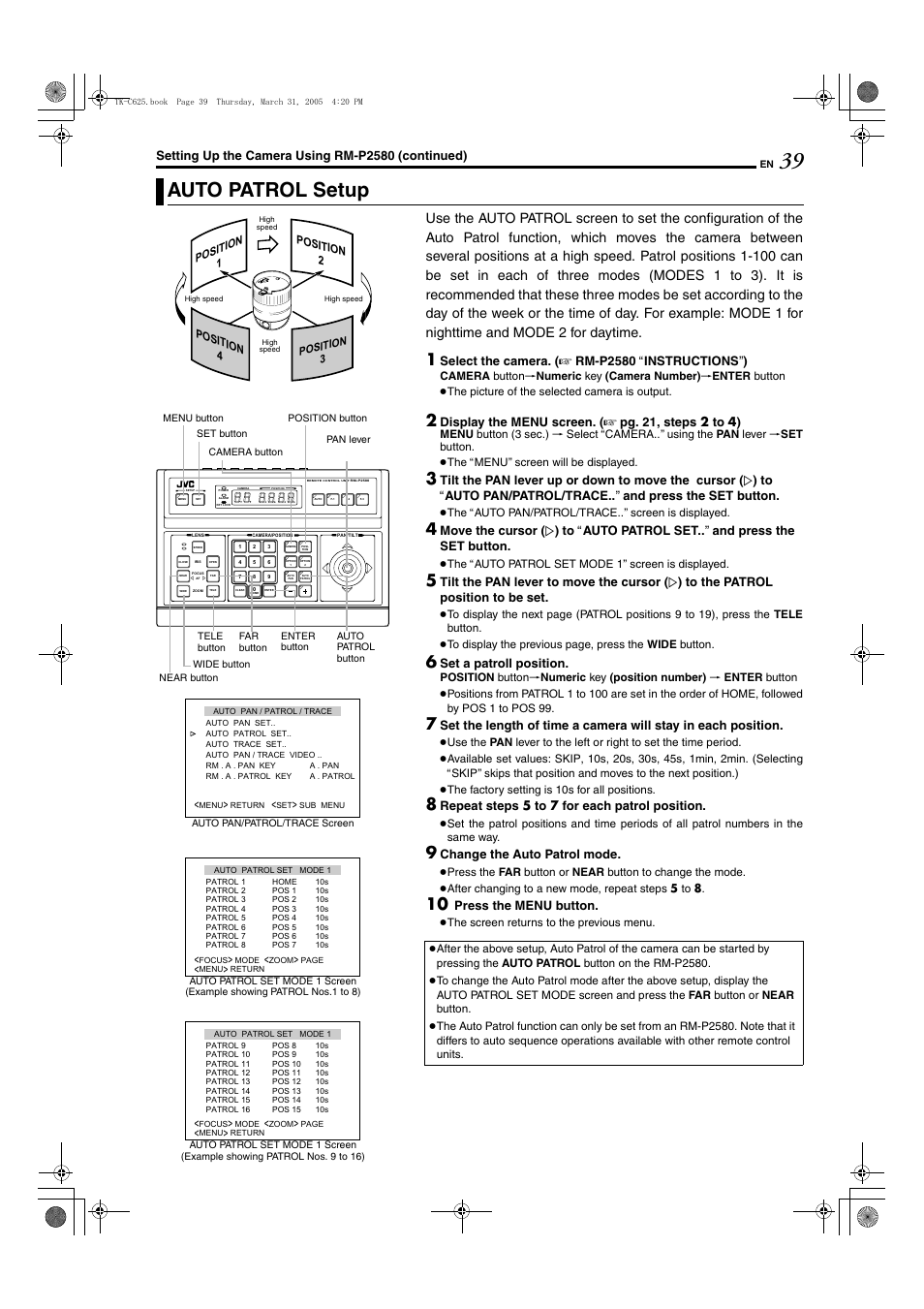 Auto patrol setup, A pg. 39, Aauto patrol setupb (a pg. 39) | Setting up the camera using rm-p2580 (continued), Select the camera. ( a rm-p2580 a instructions b ), Set a patroll position, Repeat step s 5 to 7 for each patrol position, Change the auto patrol mode, Press th e menu button | JVC TK-C625 User Manual | Page 39 / 44