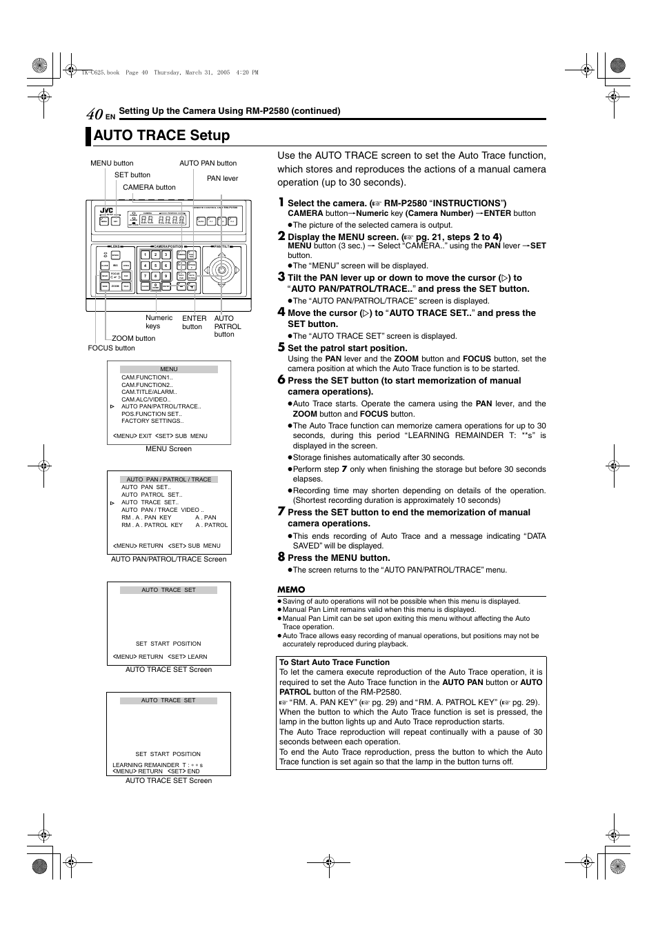 Auto trace setup, A pg. 40, Aauto trace setupb (a pg. 40) | Setting up the camera using rm-p2580 (continued), Set the patrol start position, Press the menu button | JVC TK-C625 User Manual | Page 40 / 44