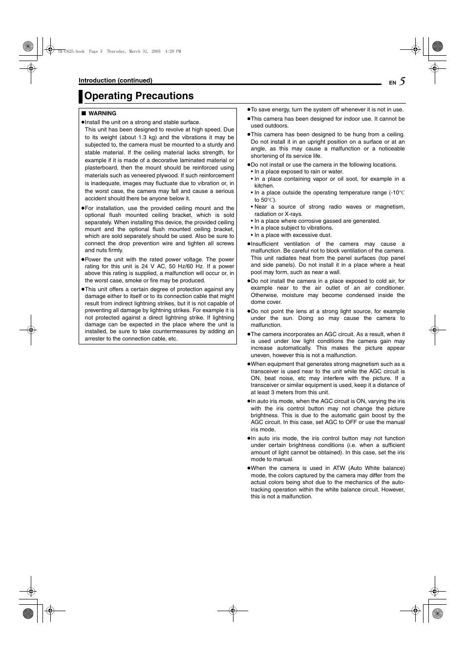 Operating precautions | JVC TK-C625 User Manual | Page 5 / 44