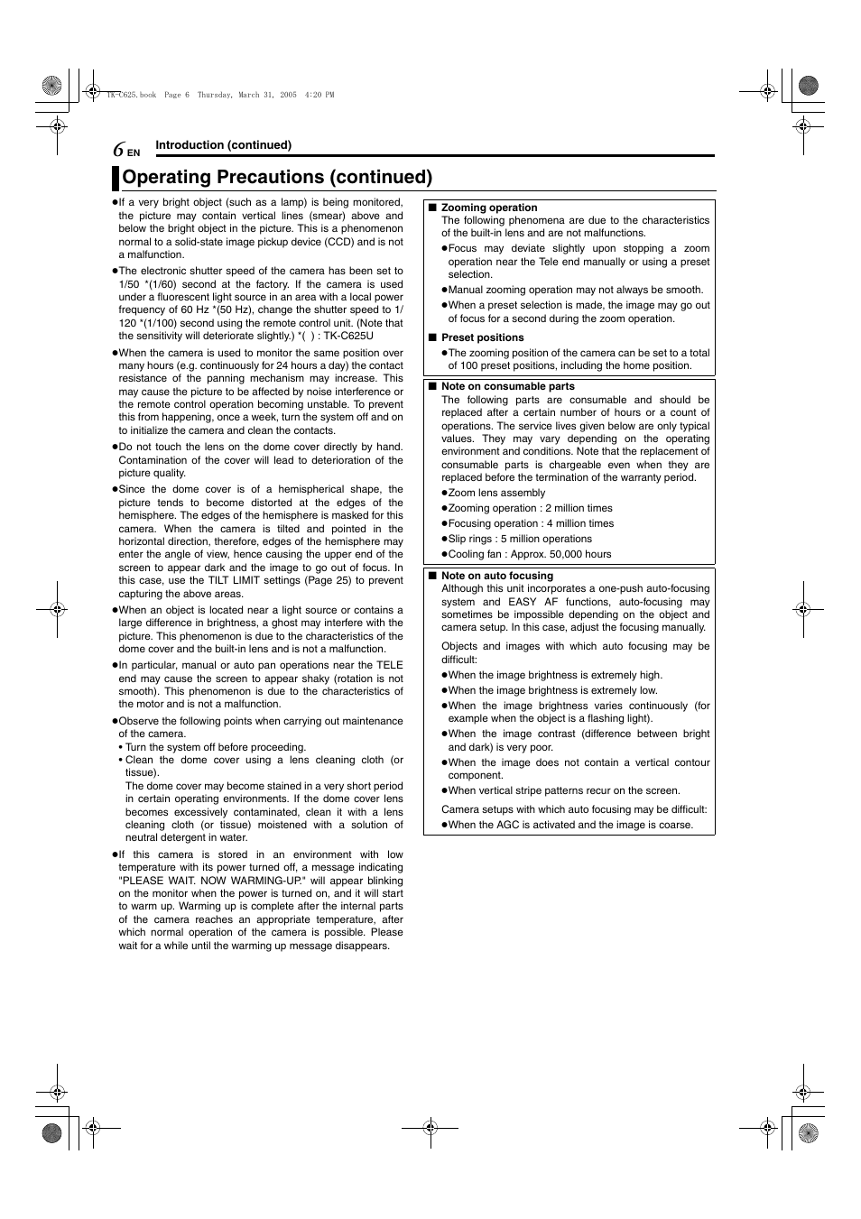 Operating precautions (continued) | JVC TK-C625 User Manual | Page 6 / 44