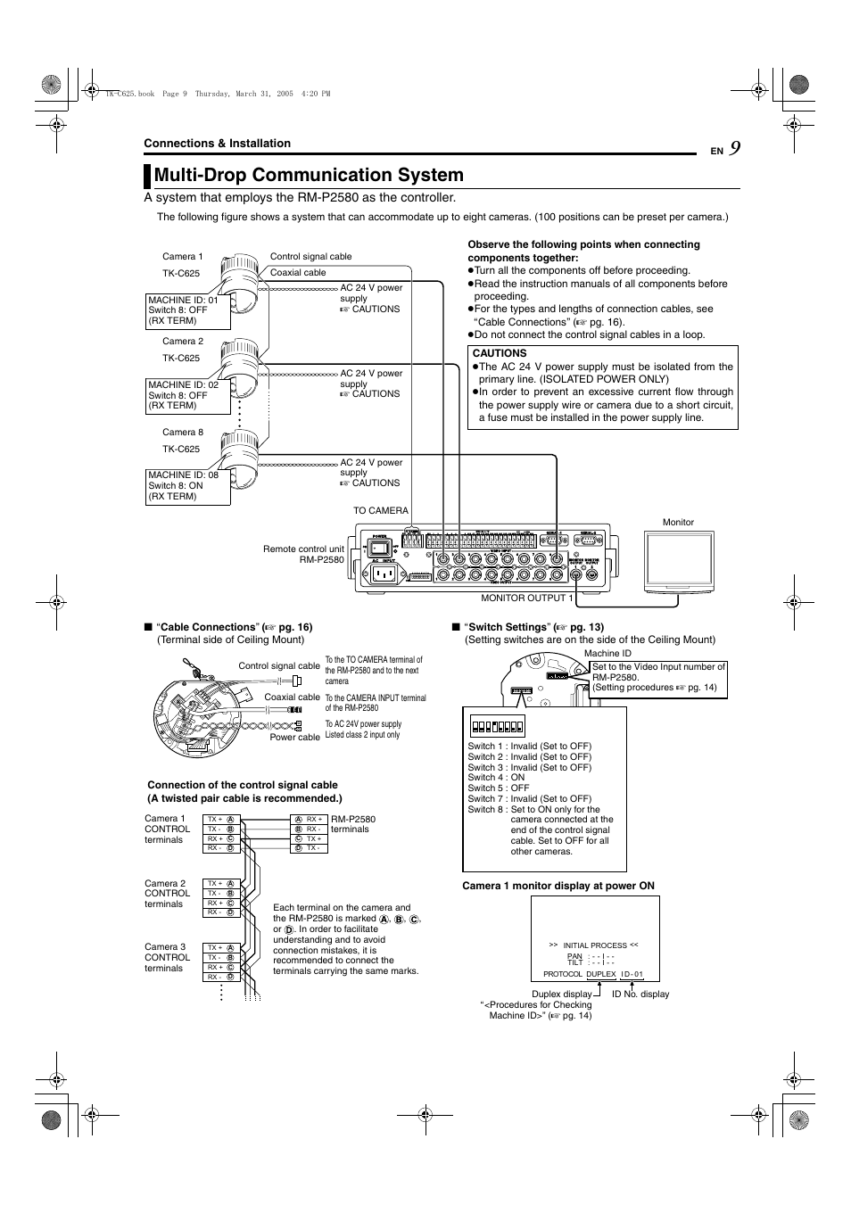 Connections & installation, Multi-drop communication system, Camera 1 monitor display at po wer on | JVC TK-C625 User Manual | Page 9 / 44